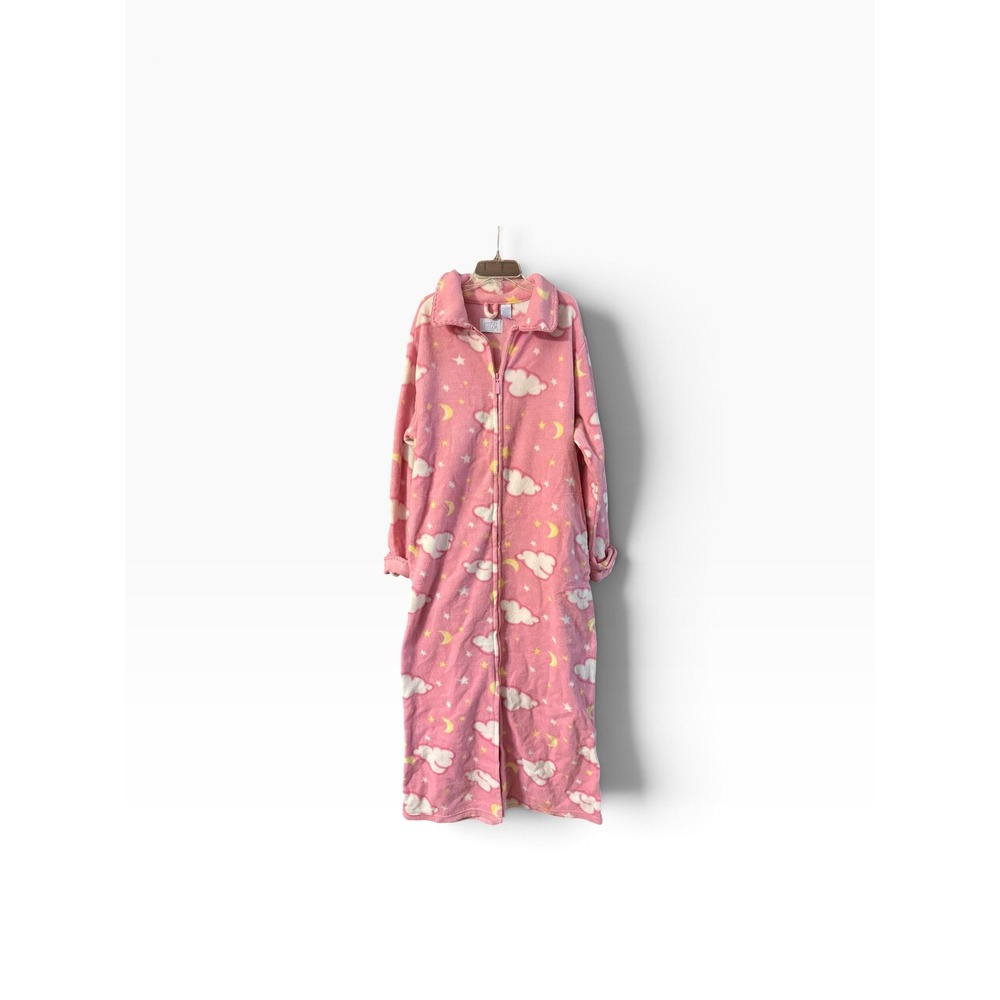 Ashley Taylor Sleepwear Pink Fleece Zip Up Robe Celestial Cloud Moon Star Large